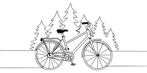Continuous one line drawing of a bicycle with a background of trees, depicting environmentally friendly transportation, line art style vector illustration.