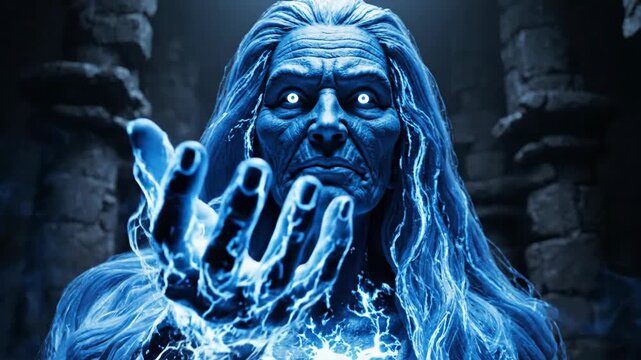 A mystical being of frozen essence emanates from a mystical landscape. Glowing eyes and energy emanate