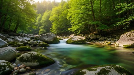 Obraz premium Tranquil river flowing through a lush green forest landscape under sunlight