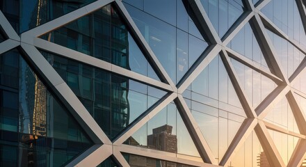 Modern skyscraper facade with geometric glass panels.  Reflections of buildings in the glass