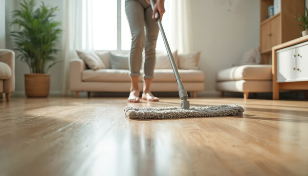 Person mops clean hardwood floor in bright sunny living room. Woman does domestic housework, tidying up home interior. Neat, spotless, shiny, organised, sanitary, pristine clean, house care upkeep.