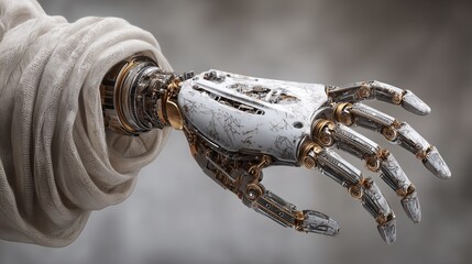 Advanced Robotic Hand Wrapped in Fabric, Intricate Mechanics, Futuristic Technology Concept