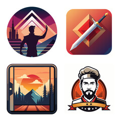 Graphic Illustration Set Featuring Futuristic City Silhouette, Fantasy Sword Icon, Sunset Mountain Landscape on Tablet, and Professional Male Chef Portrait Badge Collage
