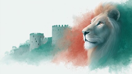 Majestic Lion Head Profile, Ancient Fortress Ruins, Abstract Splatter Art, Bulgarian Symbol of Strength and Heritage