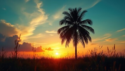 Palm tree silhouette against vibrant sunset sky over grassy field. Sun low on horizon casts warm orange and yellow light. Clouds add texture to teal blue sky.
