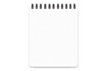 Blank spiral notebook with clear white paper page and wire binding, an office supply stationery for notes or ideas, on a transparent background