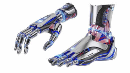 Coordinated chrome and blue cybernetic hand and foot set with tubing, joint armor and segmented toes, representing unified high performance full‑limb prosthetic system for agile human augmentation

