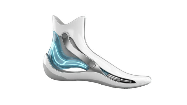 Minimalist white futuristic foot exoskeleton with glowing blue internal support frame, ultra thin forefoot and seamless ankle profile, designed to enhance balance, posture and light assisted walking

