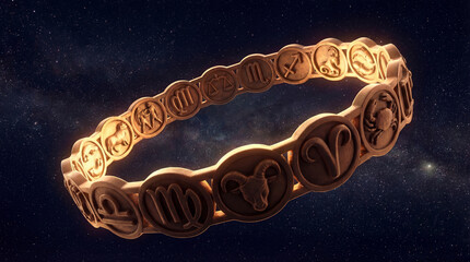 3D Zodiac all signs together in a circular and perpective way forming as a planet ring, looking beautiful on the sky night stars background. The zodiac signs with light and shade.