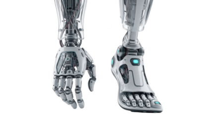 Integrated silver robotic hand and foot prosthesis set with turquoise interface pads, articulated toes and exposed leg mechanisms, showcasing unified next generation full-limb reconstruction technolog
