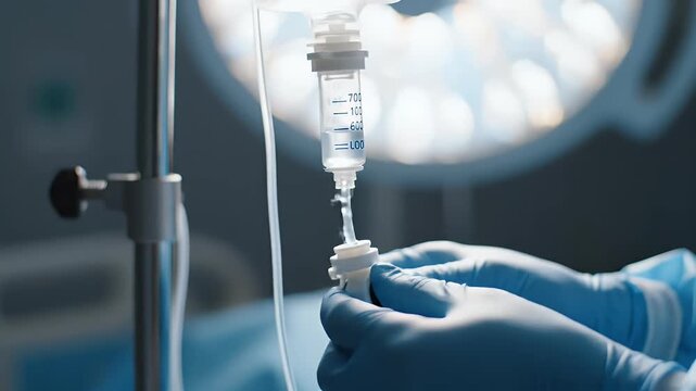 Close-up of a healthcare professional administering an IV drip to a patient in a dimly lit hospital setting symbolizing medical care and treatment