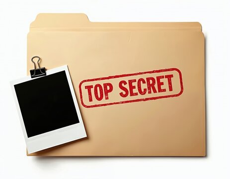 Beige file folder stamped Top Secret sits on white surface. Blank photo attached with clip. Confidential documents concept for security, privacy, and mystery.