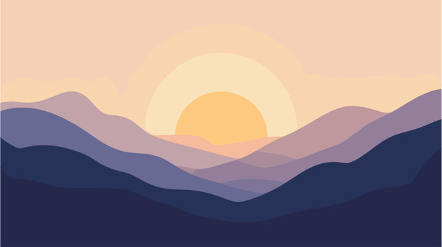 Mountain sunset landscape vector background with layered hills and warm evening sun