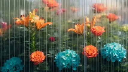 Vibrant orange lilies and teal hydrangeas viewed through textured glass with vertical lines