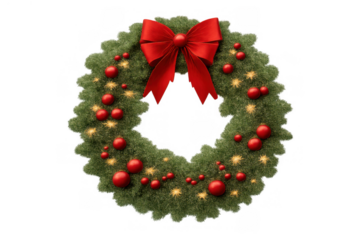 Christmas wreath with a large red bow, sparkling red baubles, and glowing gold star-shaped lights, celebrating winter holidays