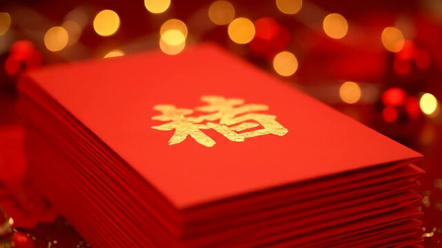 Red envelopes with Chinese character for luck.
