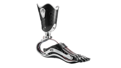 Carbon fiber spring-loaded robotic foot prosthesis with curved blade, articulated toes and red cabling, designed for dynamic gait, energy return and lightweight everyday mobility support

