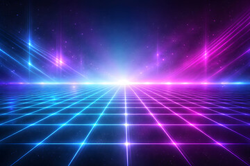 Cybernetic Neon Grid: A vibrant, futuristic depiction of a neon grid, bathed in electric blue and vibrant purple hues, evokes a sense of technological innovation and digital artistry.
