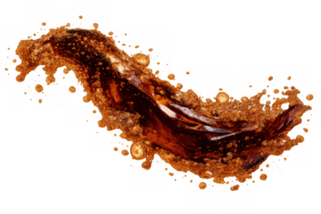 Refreshing brown liquid cola splash with dynamic motion, effervescent bubbles, and droplets on transparent background