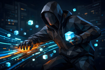 Cyber Intruder: An enigmatic figure, cloaked in shadows, navigates a digital realm, grasping luminescent cubes amidst a torrent of data streams, embodies the essence of cybersecurity