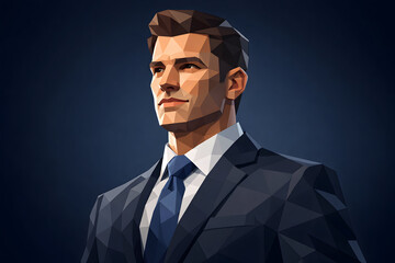 Confident Man in Suit: A stylized portrait of a man, clad in a crisp suit and tie, exudes confidence and professionalism against a dark background.