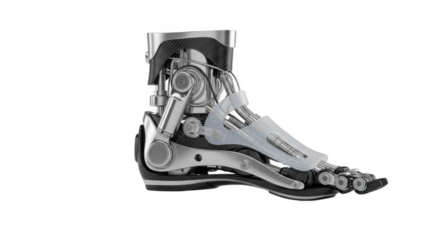 Side view of compact robotic foot prosthesis with layered metal linkages, spring elements and articulated toes, engineered to mimic natural ankle motion, absorb impact and support stable walking

