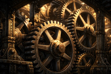 Mechanical Symphony of Gears: Intricate metal gears interlock in a captivating display of industrial artistry, gears turning within a complex mechanism, and showcasing precision and power. 