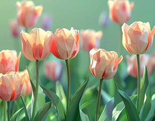 Digitally rendered, peach and red tulip field with green background