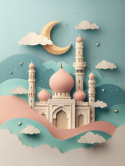 Pastel 3D Paper-Cut Illustration of a Peaceful Mosque