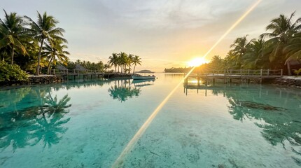 Tranquil tropical sunset over a calm ocean with palm trees and overwater bungalows