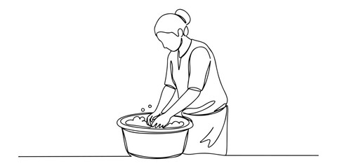 Continuous one line drawing of a person washing cleaning tools in a bucket, symbolizing preparation and routine, line art style vector illustration.