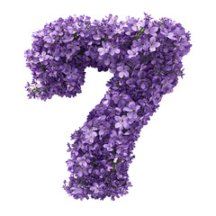 Top view of a 3D letter 7 made of lavender flowers isolated on a white transparent background