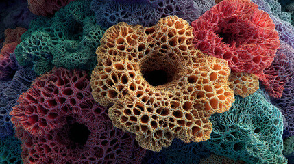 a top view of a species of coral with a cross between coral and reef, with vibrant colors throughout the structure