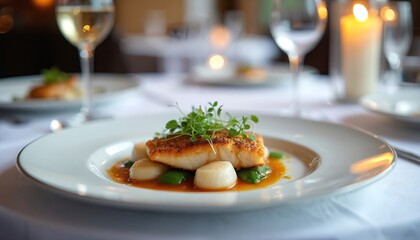Elegant plate with grilled fish fillet and scallops. Served with green leaves and sauce. Candlelight dinner setting in restaurant. Wine glass nearby.