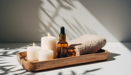 Serene spa setup with lit candles, essential oil, and soft towel on a wooden tray, creating a tranquil atmosphere with natural shadows