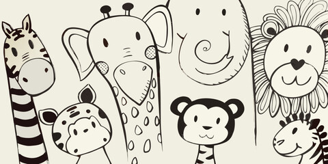 A charming collection of sketched animals includes a giraffe elephant lion and monkey © Rathindranath