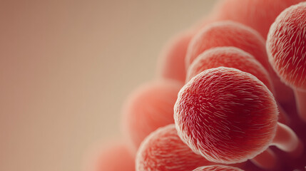 Close-up of a soft red microorganism shown against a pale cream-to-peach gradient backdrop.