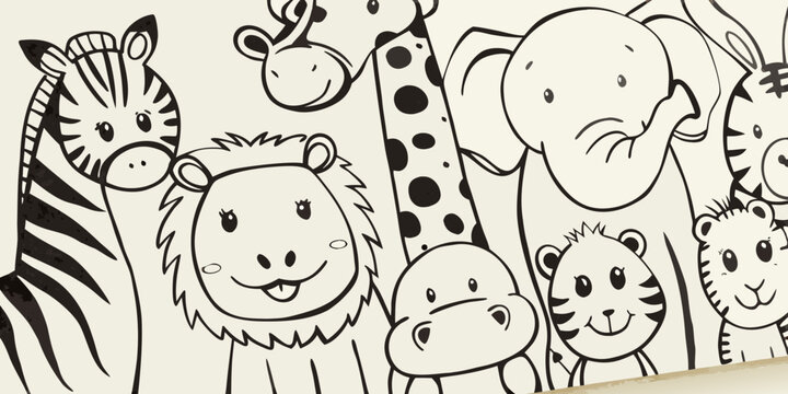 Adorable cartoon animals including a giraffe zebra and lion in a black and white sketch
