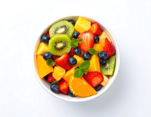 Vibrant fruit salad with fresh kiwi, strawberries, blueberries, mango, and orange