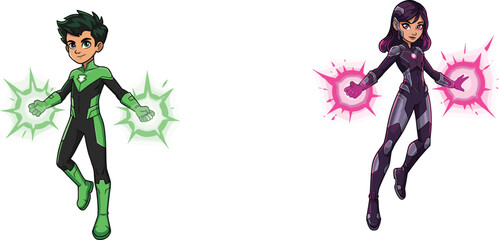 Cartoon superhero kids with glowing energy powers, boy green star hero illustration, girl pink burst protector, fantasy action artwork, children mascot design © Love999