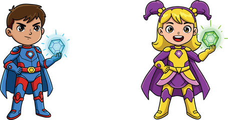 Cartoon superhero kids with glowing gems, boy blue crystal hero illustration, girl green gem protector, fantasy action artwork, children mascot design © Love999