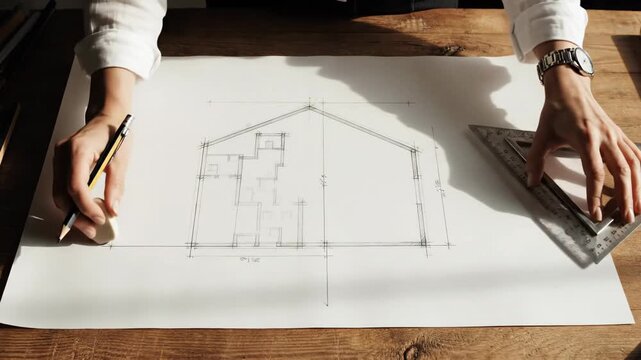 A person sketches lines using a triangle ruler and a pen on a sheet of paper