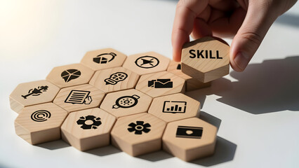 A hand placing a skill block among various business and technology icons
