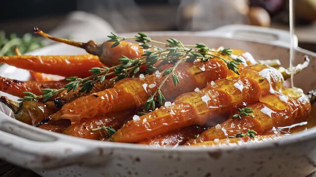 Close up of cooked carrots with herbs and sauce in a ceramic dish
