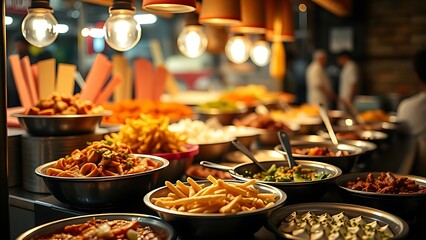Colorful dishes displayed at a vibrant food stall with warm ambient lighting.