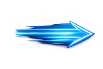 Blue arrow icon showing rapid speed and motion, creating vibrant light trails. Transparent background