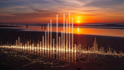 Sunset beach scene with digital sound wave overlay graphic