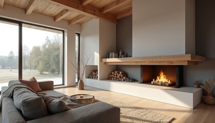 Modern living room with large windows showing forest landscape. Cozy sofa faces sleek built-in fireplace with burning logs and warm flames. Wood ceiling beams add rustic charm.