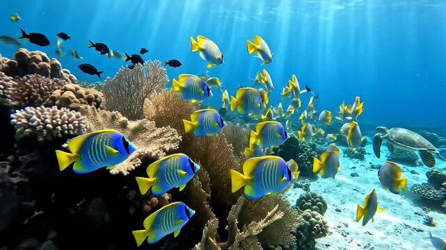 School of Vibrant Angelfish Swims Through a Coral Reef