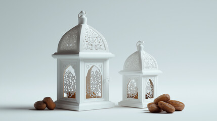 Ultra-Realistic 3D Render of Two Modern White Islamic Lanterns